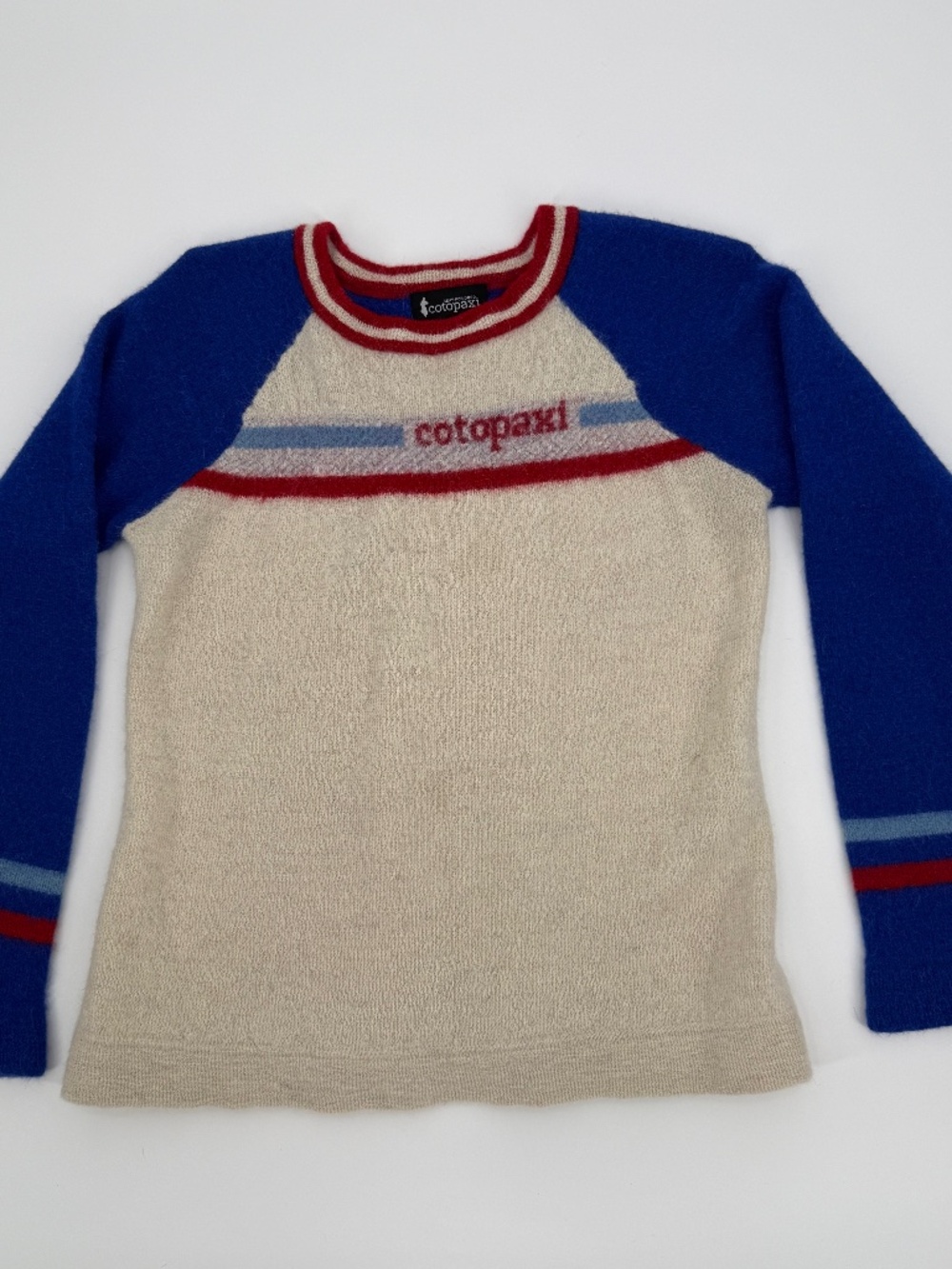 Cotopaxi Llama Wool Raglan Knit Sweater Cream Blue Red Stripe Libren Women M